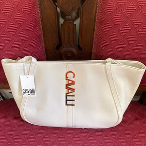 Cavalli Sandra Shopper Tote White Asparagus with Gold Hardware